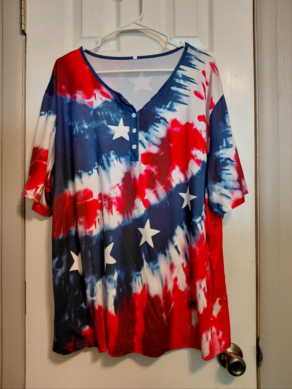 Women's Red White & Blue Star Tie-Dye Henley Top